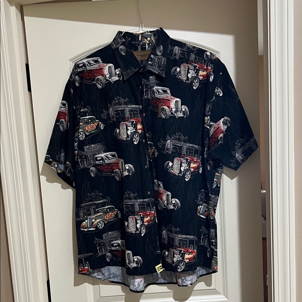 Men's Black Roadster XL  Car Print Casual Shirt  C001 🏎️🏁🏎️🏁